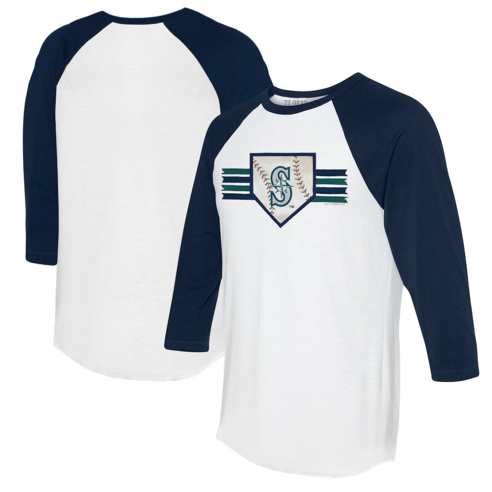 Seattle Mariners Tiny Turnip Women's Base Stripe 3/4-Sleeve Raglan T-Shirt White/Navy