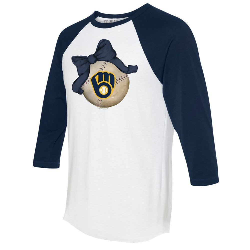 Milwaukee Brewers Tiny Turnip Women's Baseball Bow 3/4-Sleeve Raglan T-Shirt White/Navy