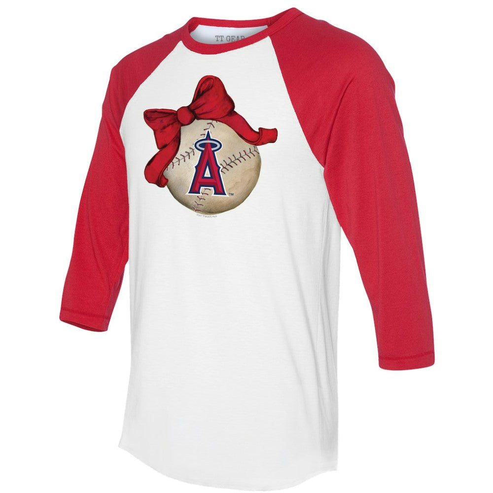 Los Angeles Angels Tiny Turnip Women's Baseball Bow 3/4-Sleeve Raglan T-Shirt White/Red