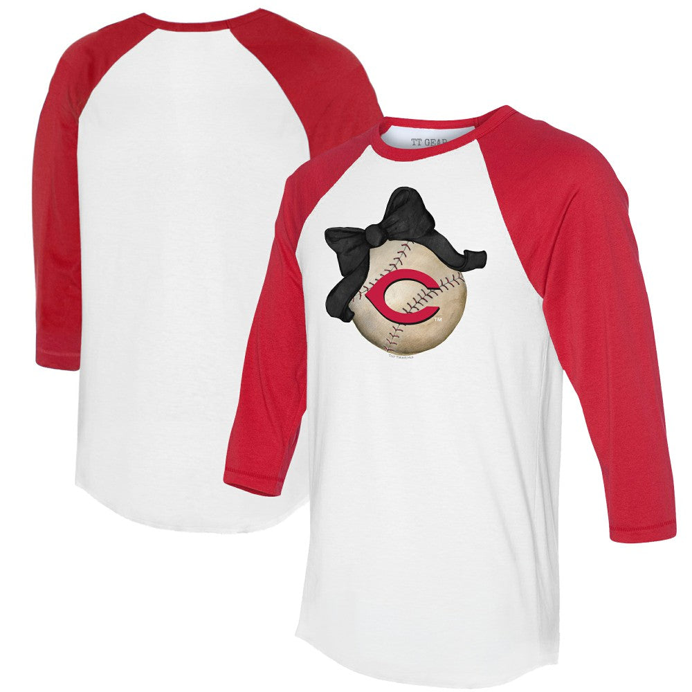 Cincinnati Reds Tiny Turnip Women's Baseball Bow 3/4-Sleeve Raglan T-Shirt White/Red