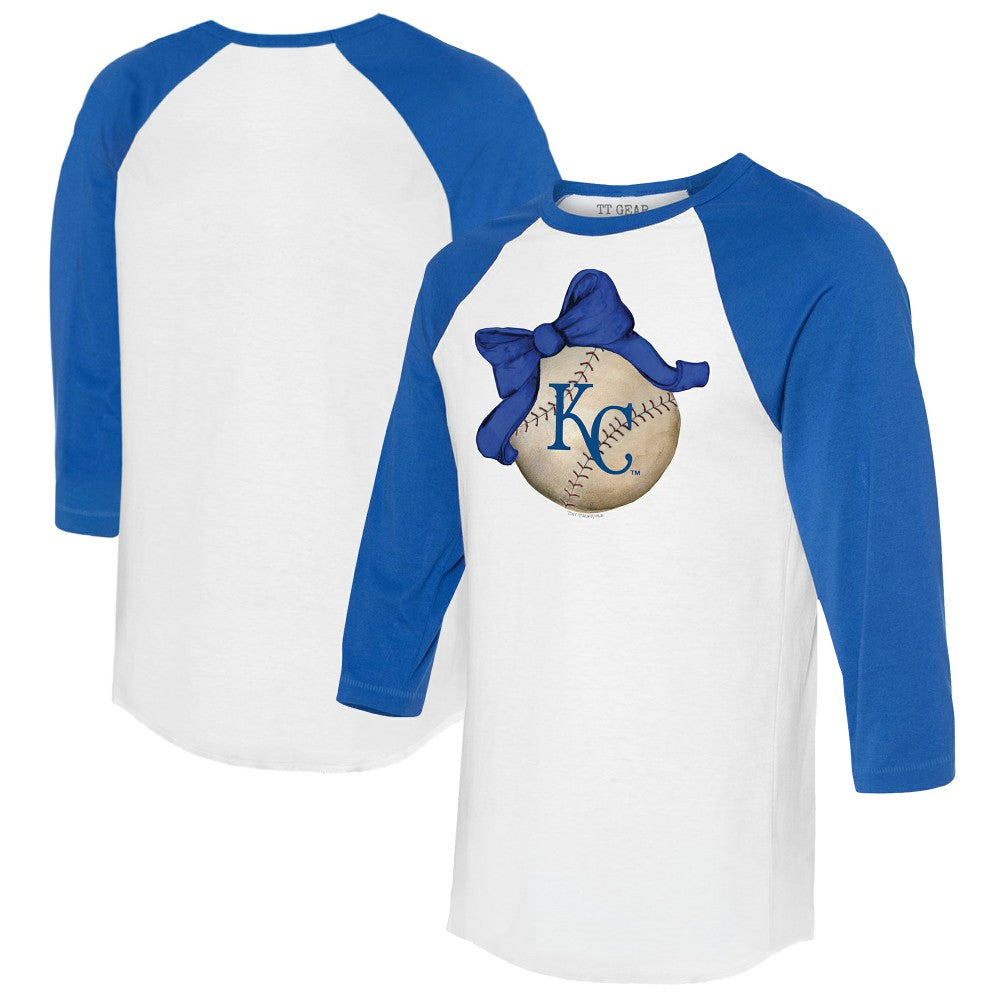 Kansas City Royals Tiny Turnip Women's Baseball Bow 3/4-Sleeve Raglan T-Shirt White/Royal
