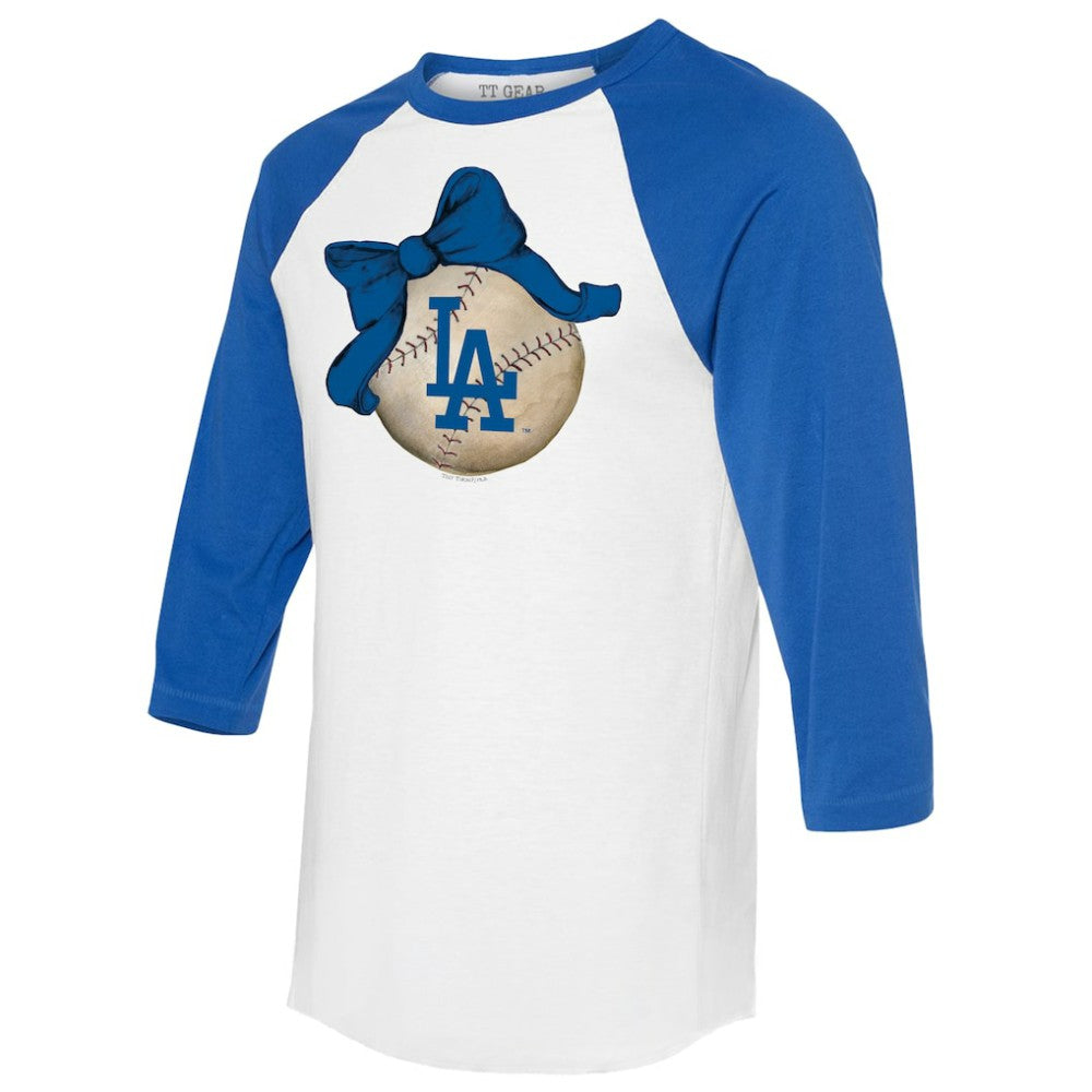 Los Angeles Dodgers Tiny Turnip Women's Baseball Bow 3/4-Sleeve Raglan T-Shirt White/Royal
