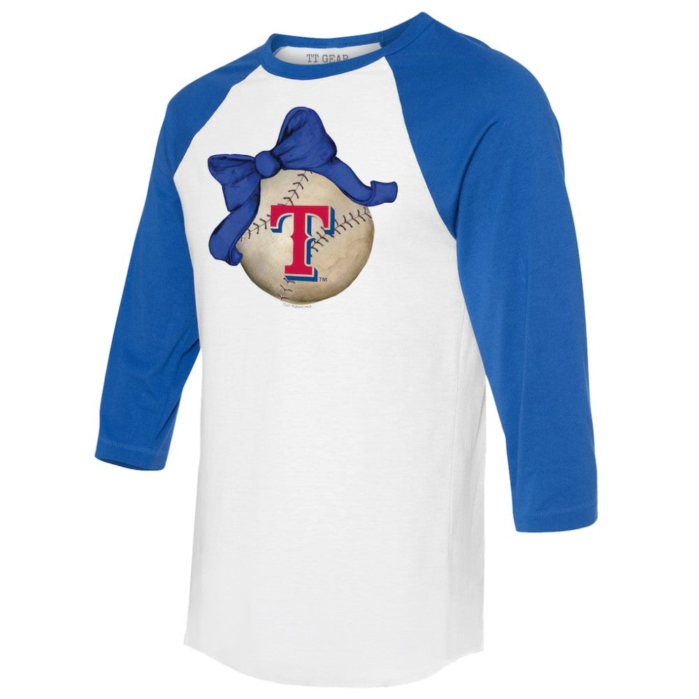Texas Rangers Tiny Turnip Women's Baseball Bow 3/4-Sleeve Raglan T-Shirt White/Royal