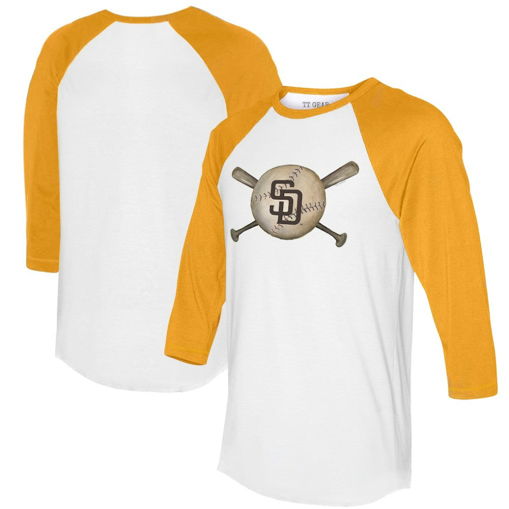 San Diego Padres Tiny Turnip Women's Baseball Cross Bats 3/4-Sleeve Raglan T-Shirt White/Gold