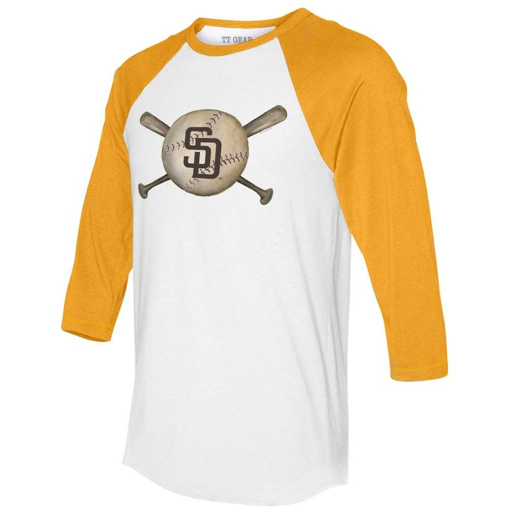 San Diego Padres Tiny Turnip Women's Baseball Cross Bats 3/4-Sleeve Raglan T-Shirt White/Gold