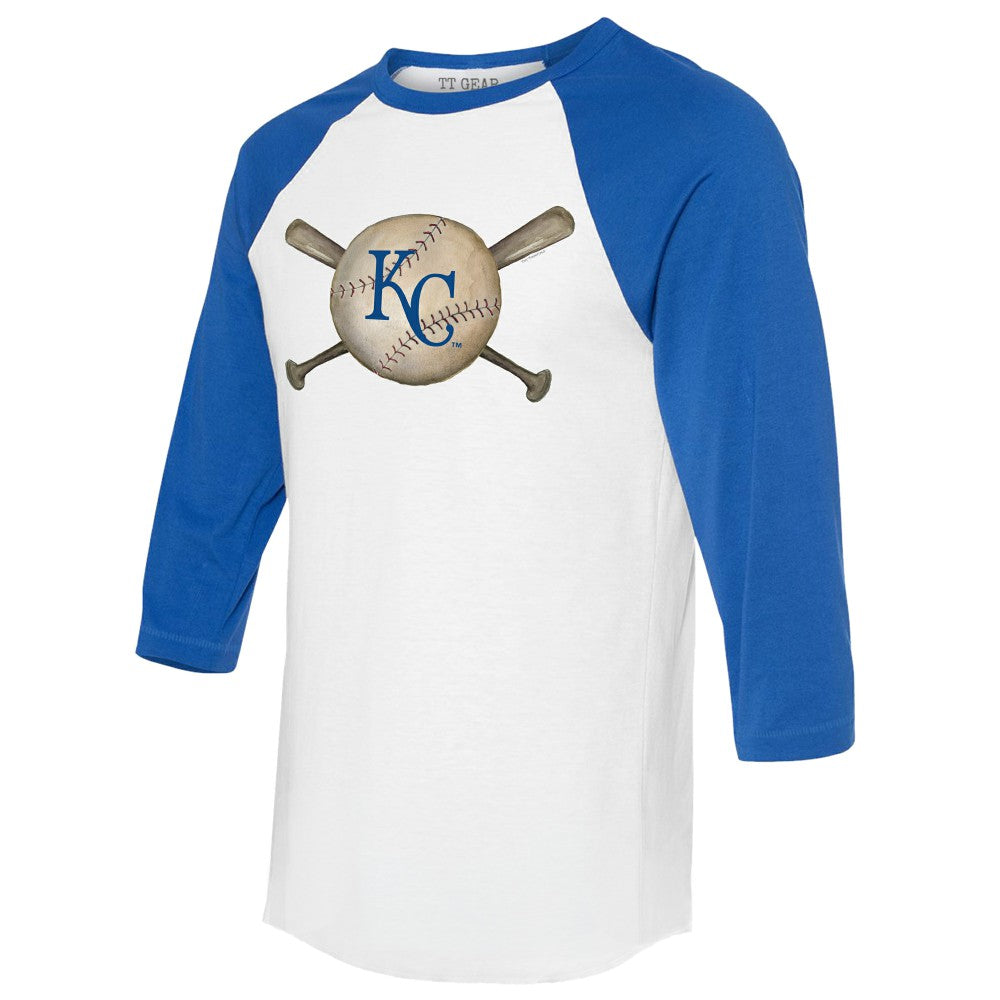 Kansas City Royals Tiny Turnip Women's Baseball Cross Bats 3/4-Sleeve Raglan T-Shirt White/Royal