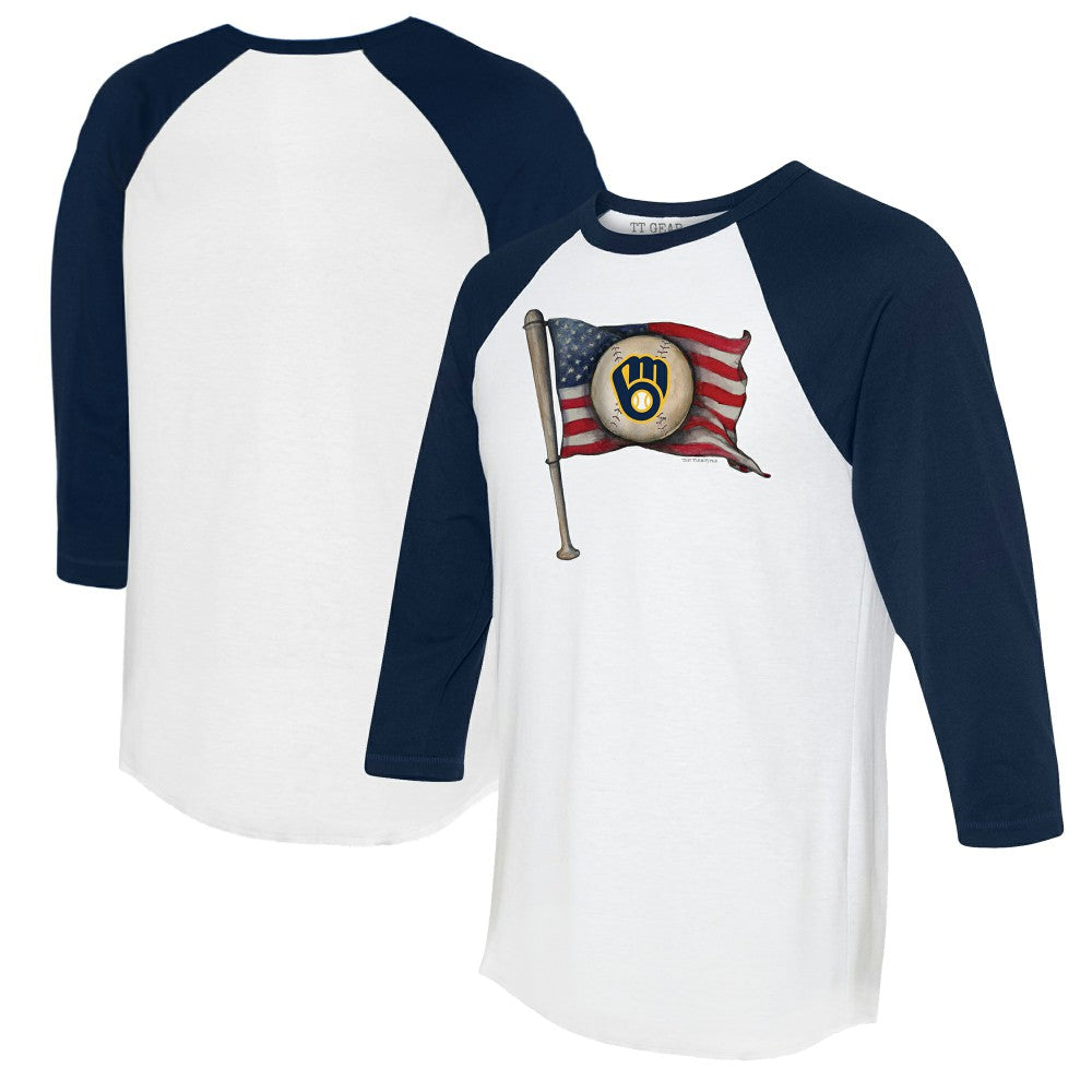 Milwaukee Brewers Tiny Turnip Women's Baseball Flag 3/4-Sleeve Raglan T-Shirt White/Navy