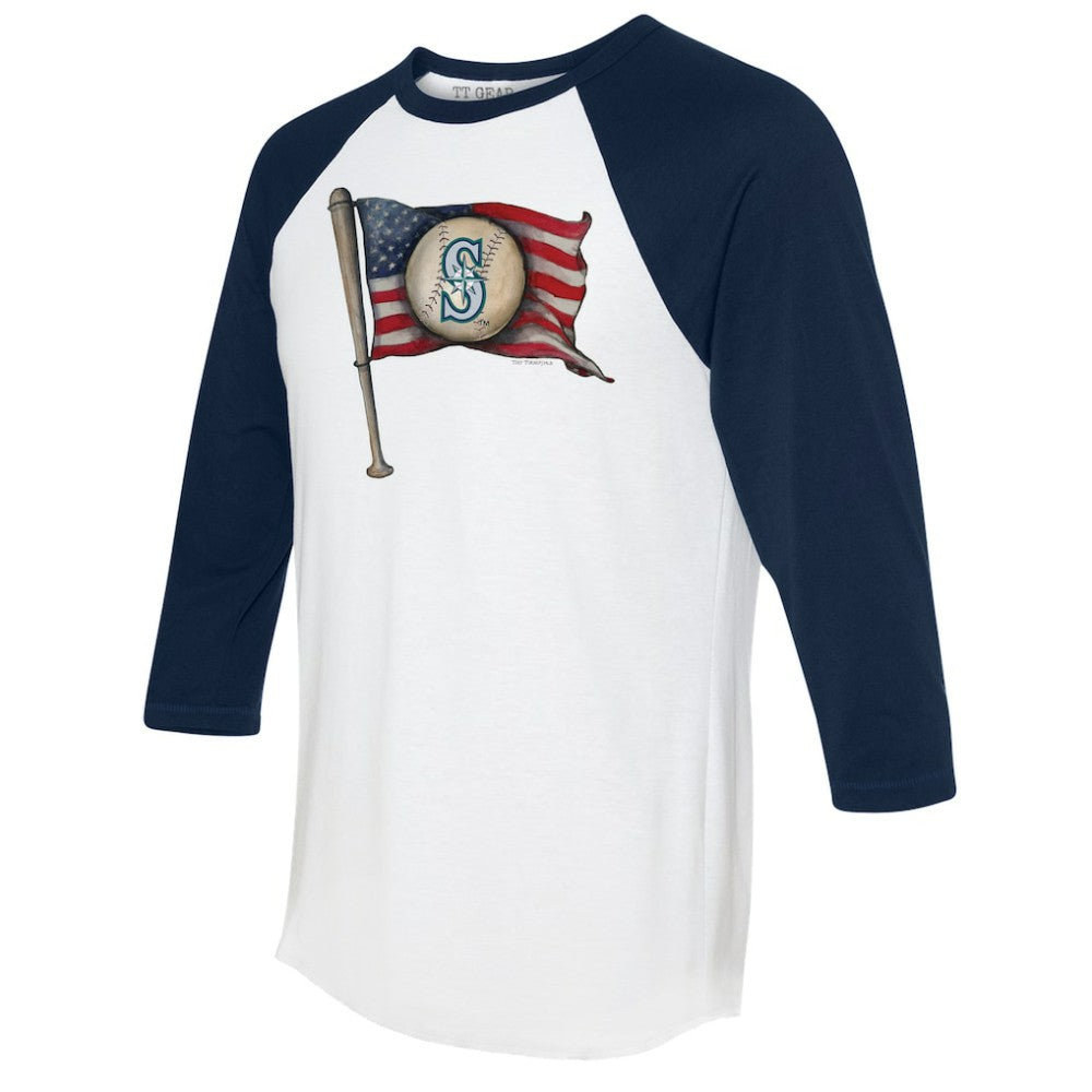 Seattle Mariners Tiny Turnip Women's Baseball Flag 3/4-Sleeve Raglan T-Shirt White/Navy
