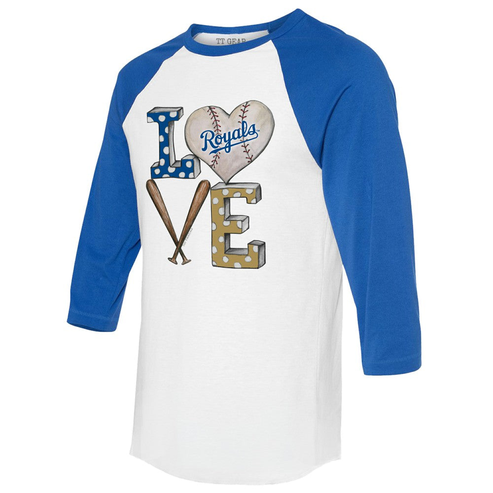 Kansas City Royals Tiny Turnip Women's Baseball Love Raglan 3/4-Sleeve T-Shirt White/Royal