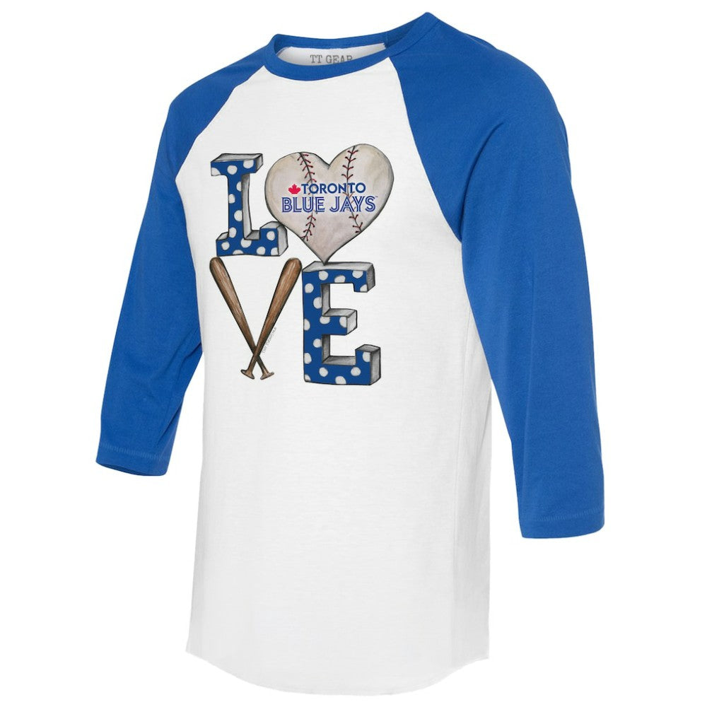 Toronto Blue Jays Tiny Turnip Women's Baseball Love Raglan 3/4-Sleeve T-Shirt White/Royal