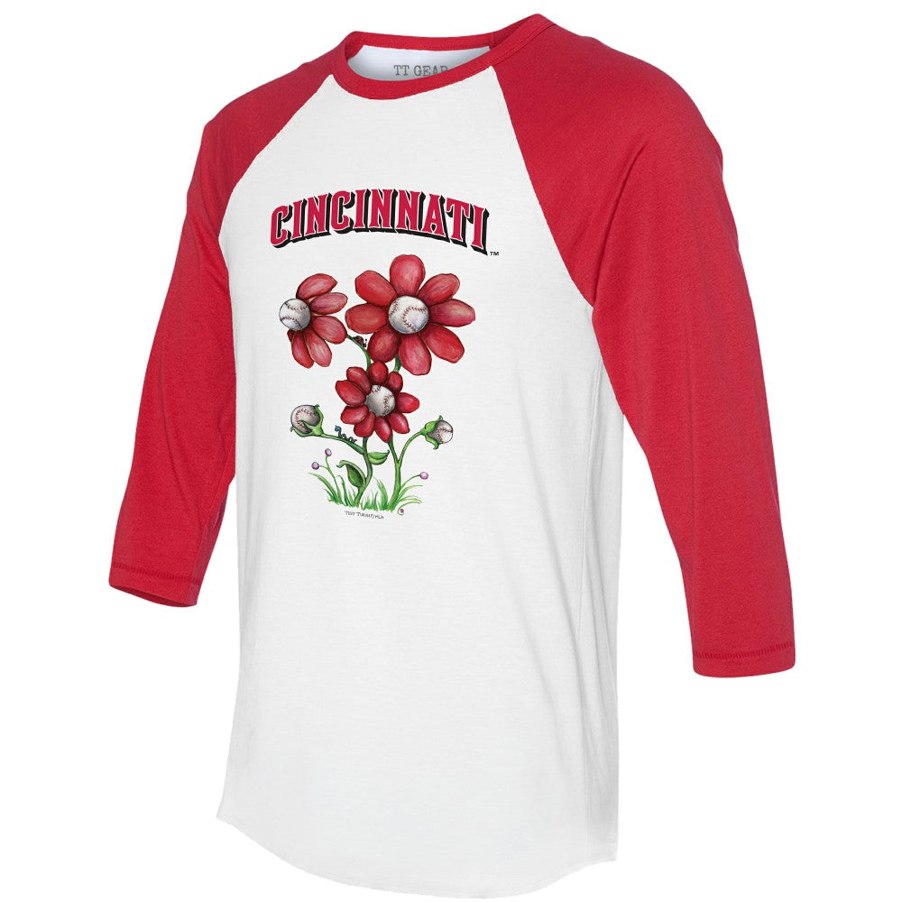 Cincinnati Reds Tiny Turnip Women's Blooming Baseballs 3/4-Sleeve Raglan T-Shirt White/Red