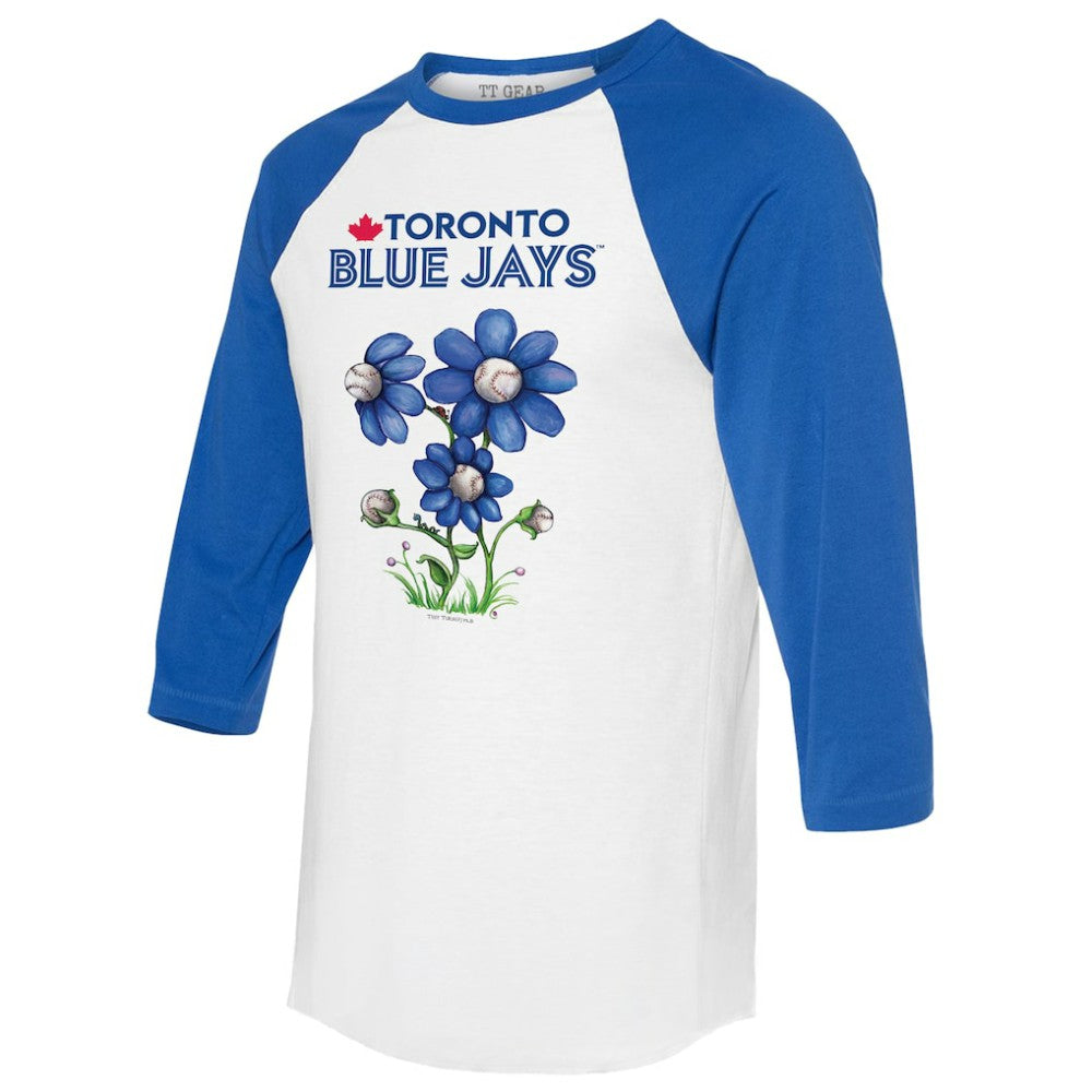 Toronto Blue Jays Tiny Turnip Women's Blooming Baseballs 3/4-Sleeve Raglan T-Shirt White/Royal