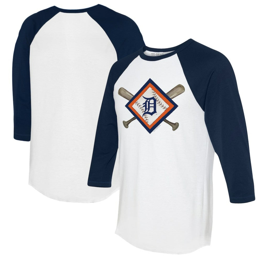 Detroit Tigers Tiny Turnip Women's Diamond Cross Bats 3/4-Sleeve Raglan T-Shirt White/Navy