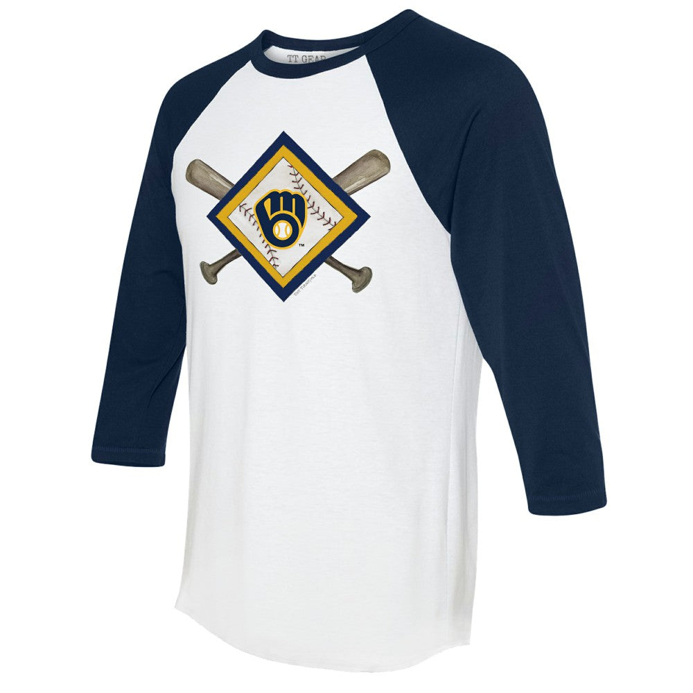 Milwaukee Brewers Tiny Turnip Women's Diamond Cross Bats 3/4-Sleeve Raglan T-Shirt White/Navy