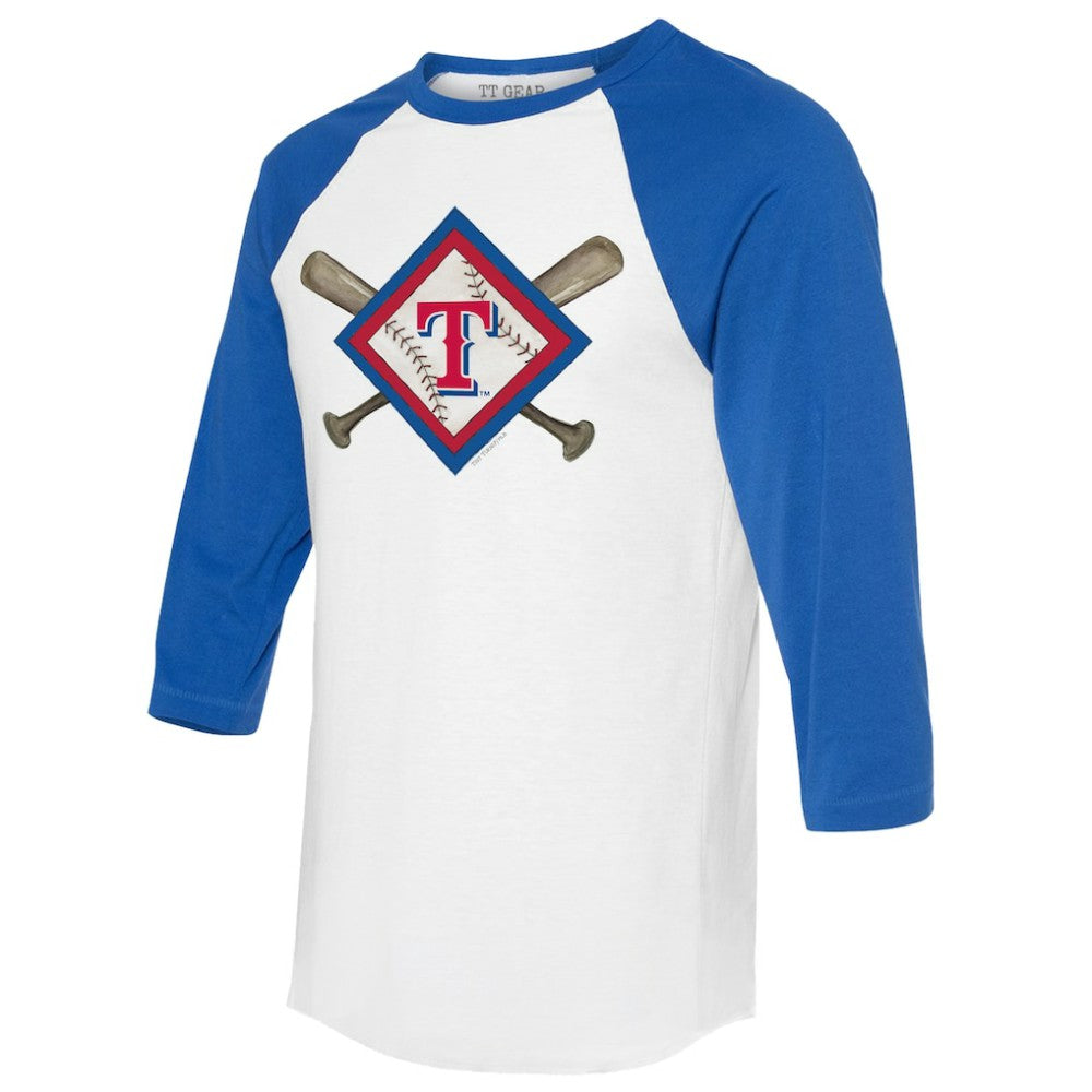 Texas Rangers Tiny Turnip Women's Diamond Cross Bats 3/4-Sleeve Raglan T-Shirt White/Royal