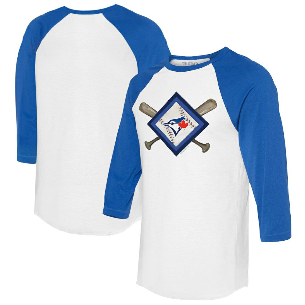Toronto Blue Jays Tiny Turnip Women's Diamond Cross Bats 3/4-Sleeve Raglan T-Shirt White/Royal