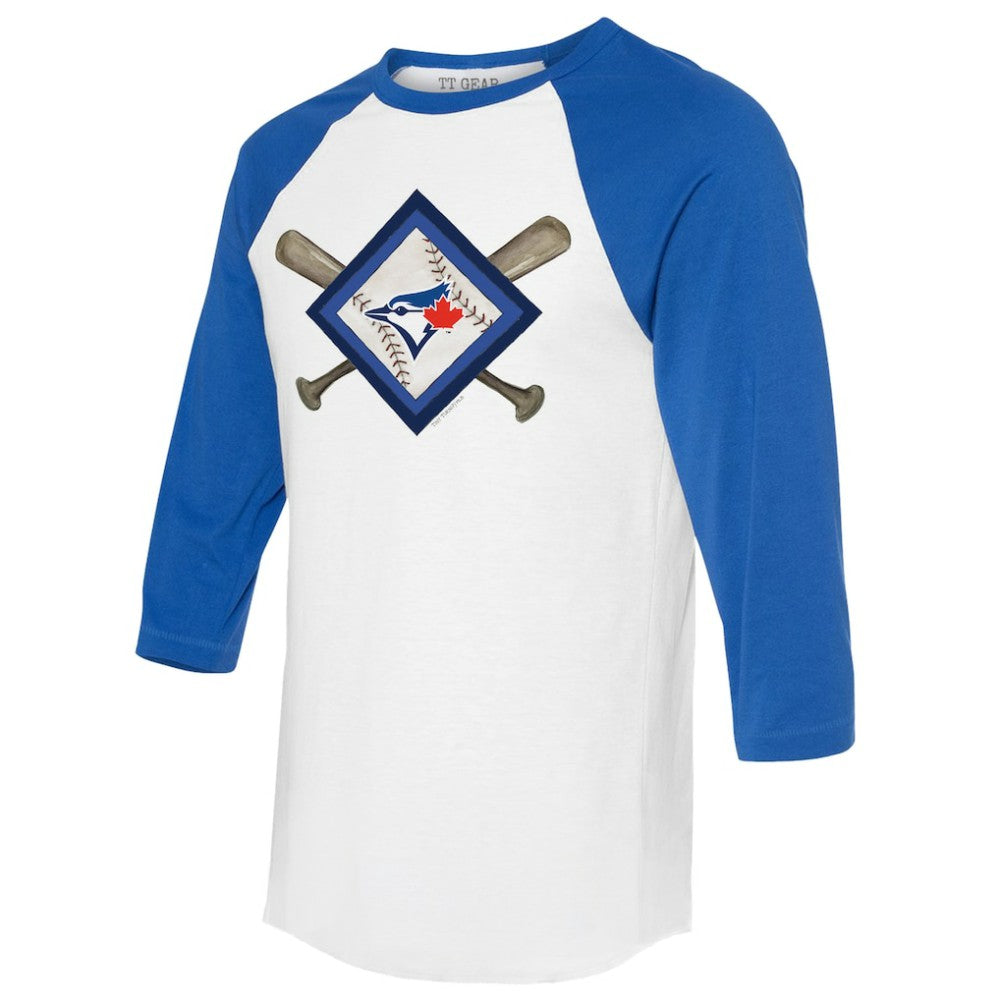 Toronto Blue Jays Tiny Turnip Women's Diamond Cross Bats 3/4-Sleeve Raglan T-Shirt White/Royal
