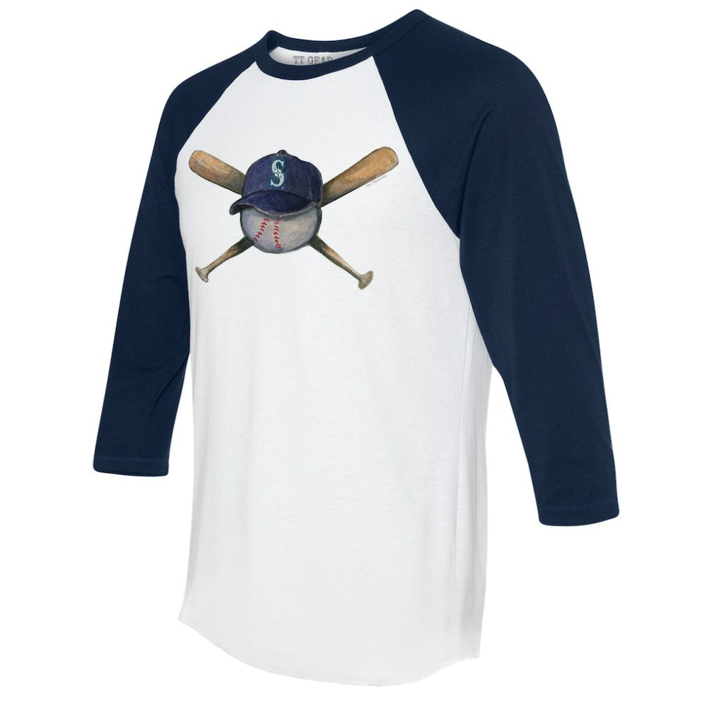 Seattle Mariners Tiny Turnip Women's Hat Crossbats 3/4-Sleeve Raglan T-Shirt White/Navy
