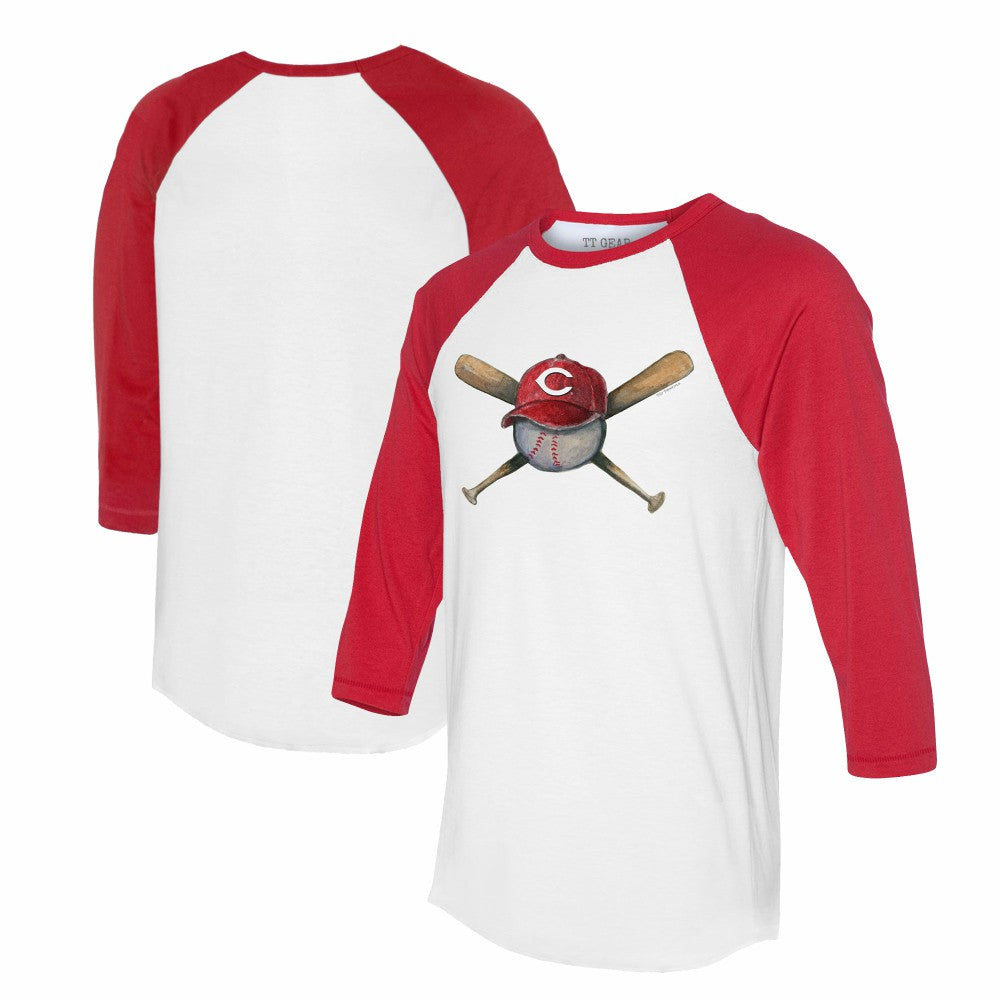 Cincinnati Reds Tiny Turnip Women's Hat Crossbats 3/4-Sleeve Raglan T-Shirt White/Red