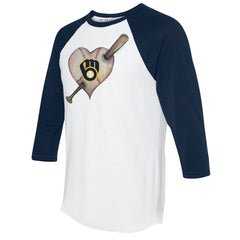 Milwaukee Brewers Tiny Turnip Women's Heart Bat 3/4-Sleeve Raglan T-Shirt White/Navy
