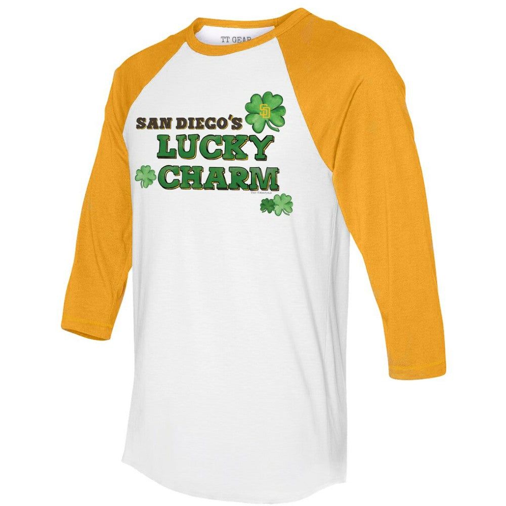 San Diego Padres Tiny Turnip Women's Lucky Charm 3/4-Sleeve Raglan T-Shirt White/Gold