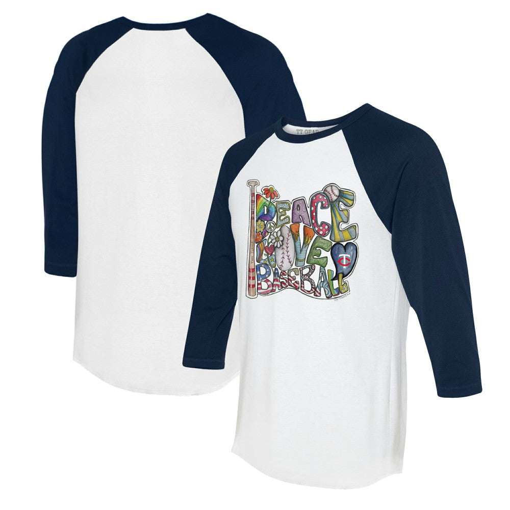 Minnesota Twins Tiny Turnip Women's Peace Love Baseball 3/4-Sleeve Raglan T-Shirt White/Navy