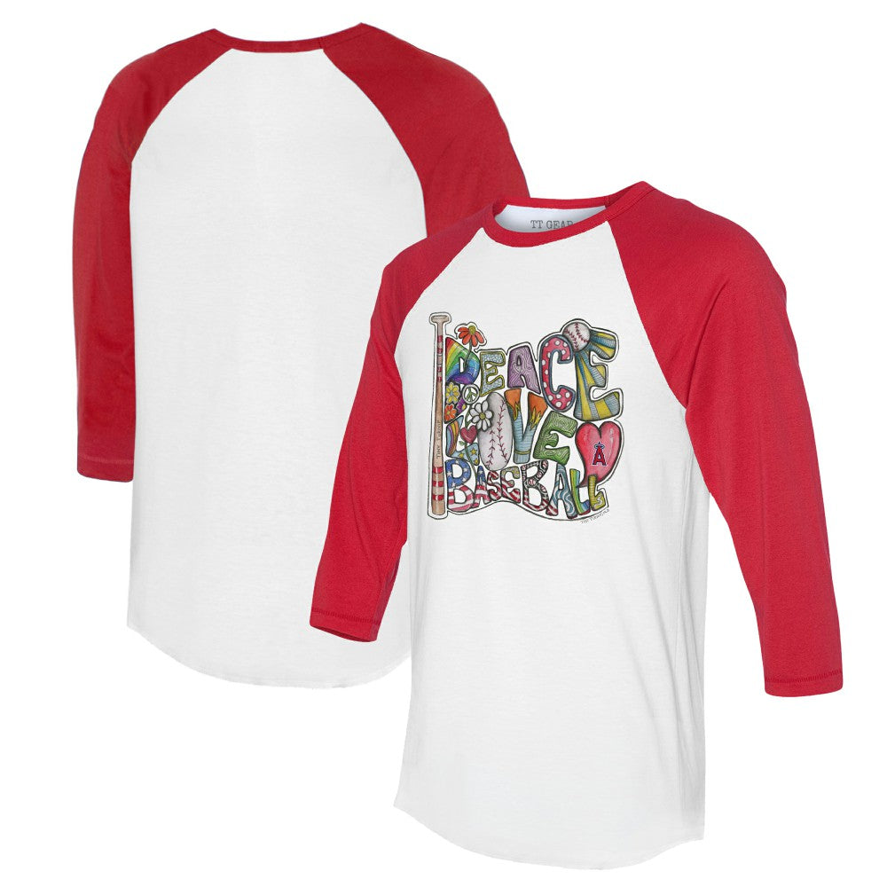 Los Angeles Angels Tiny Turnip Women's Peace Love Baseball 3/4-Sleeve Raglan T-Shirt White/Red