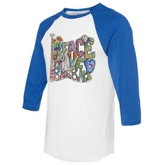 Toronto Blue Jays Tiny Turnip Women's Peace Love Baseball 3/4-Sleeve Raglan T-Shirt White/Royal