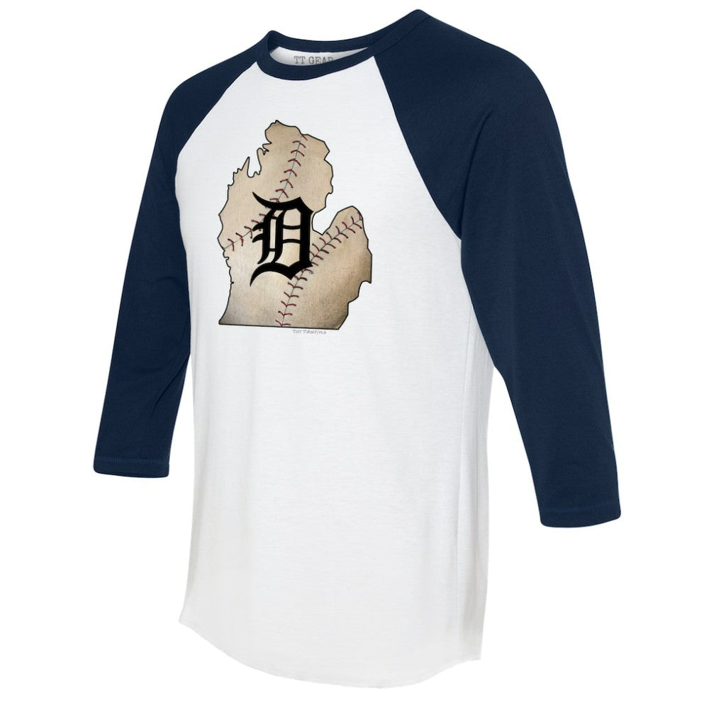 Detroit Tigers Tiny Turnip Unisex State Outline 3/4-Sleeve Raglan T-Shirt White/Navy