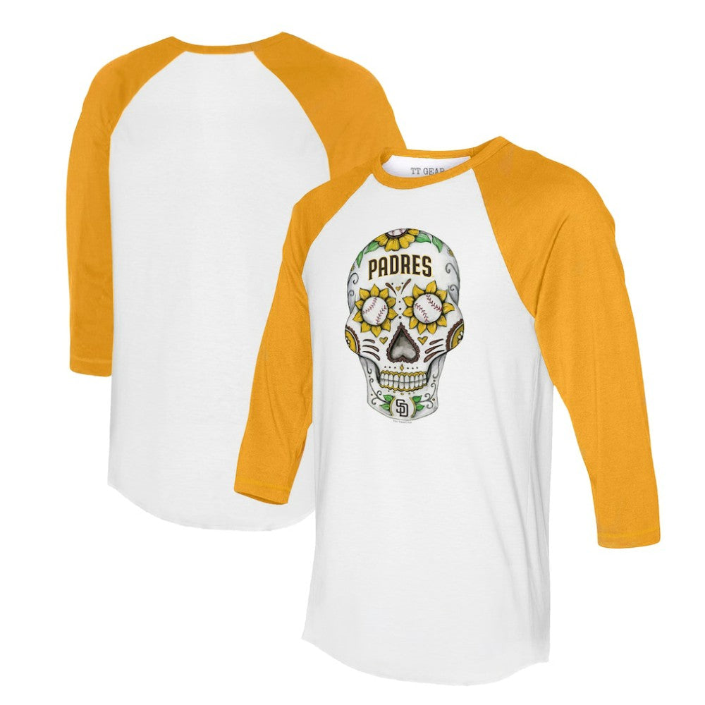 San Diego Padres Tiny Turnip Unisex Sugar Skull 3/4-Sleeve Raglan T-Shirt White/Gold