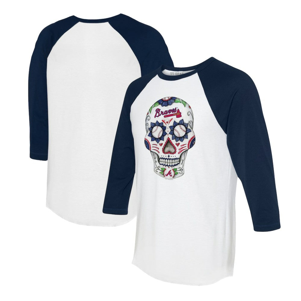 Atlanta Braves Tiny Turnip Unisex Sugar Skull 3/4-Sleeve Raglan T-Shirt White/Navy
