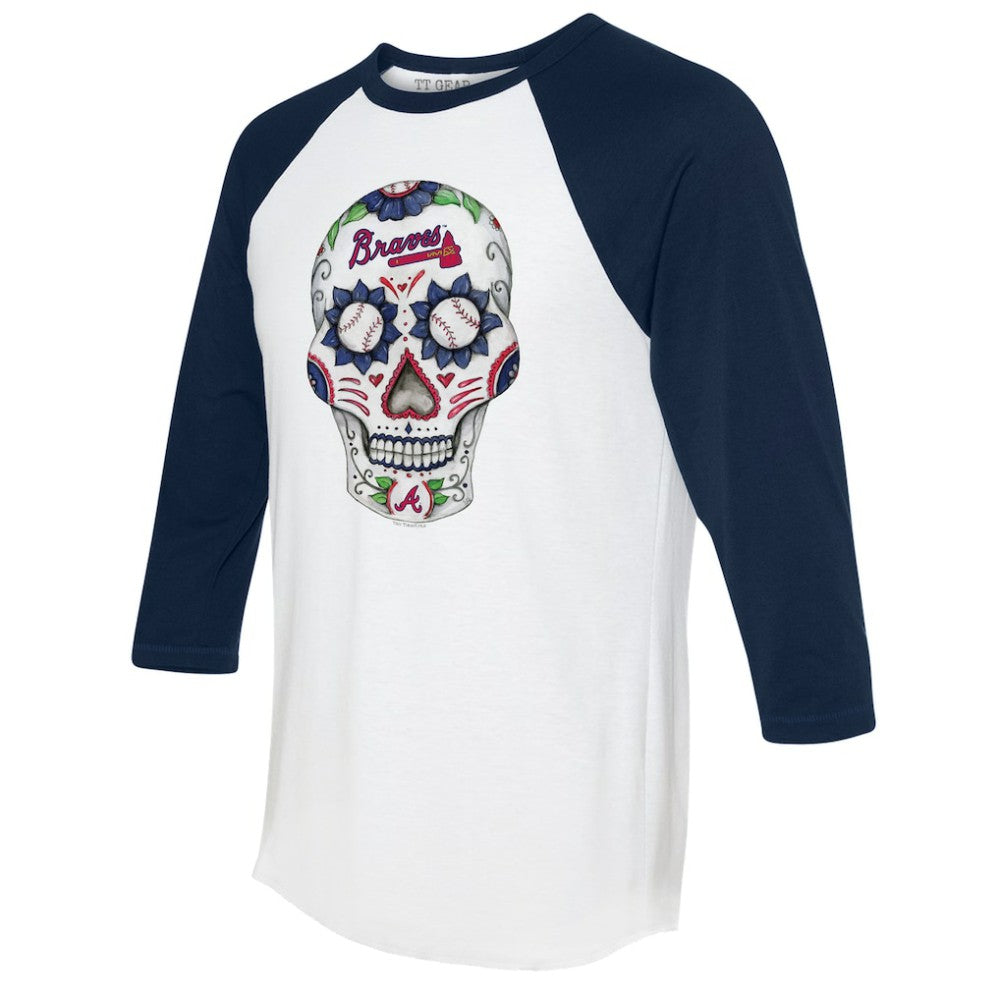 Atlanta Braves Tiny Turnip Unisex Sugar Skull 3/4-Sleeve Raglan T-Shirt White/Navy