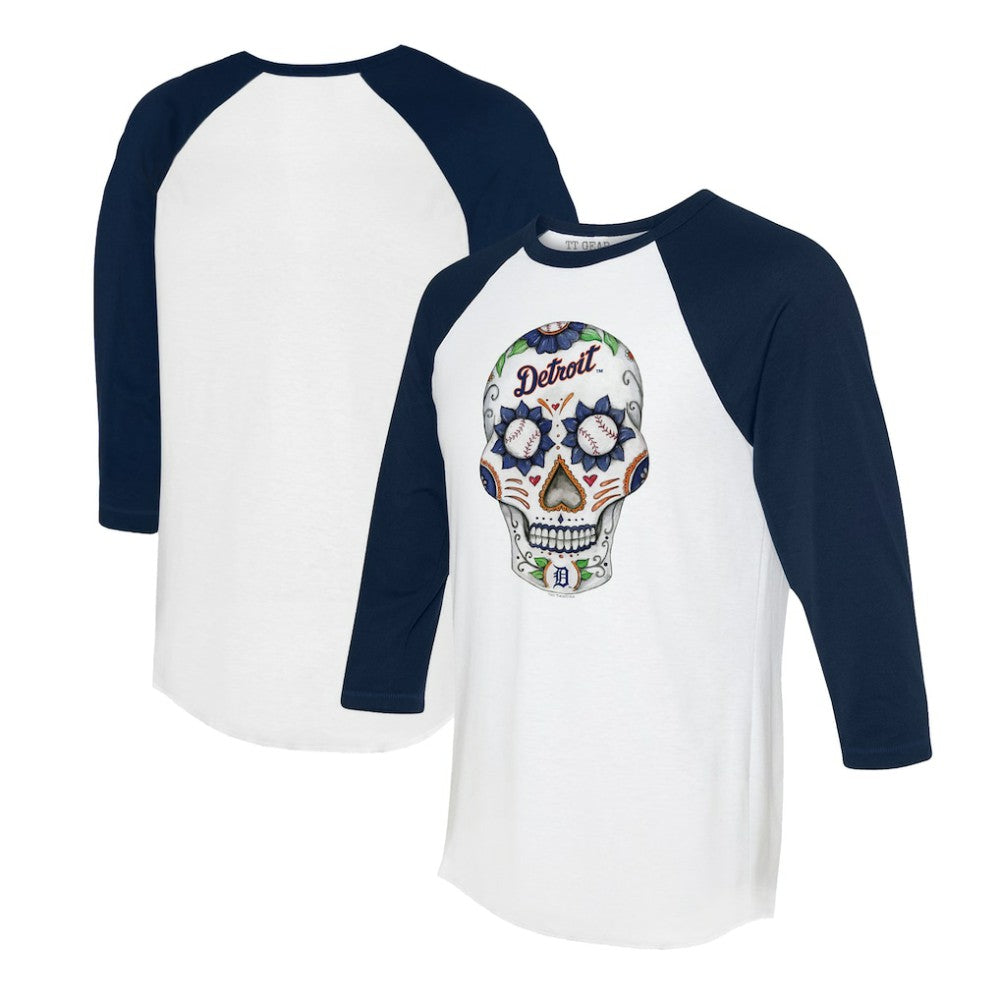 Detroit Tigers Tiny Turnip Unisex Sugar Skull 3/4-Sleeve Raglan T-Shirt White/Navy