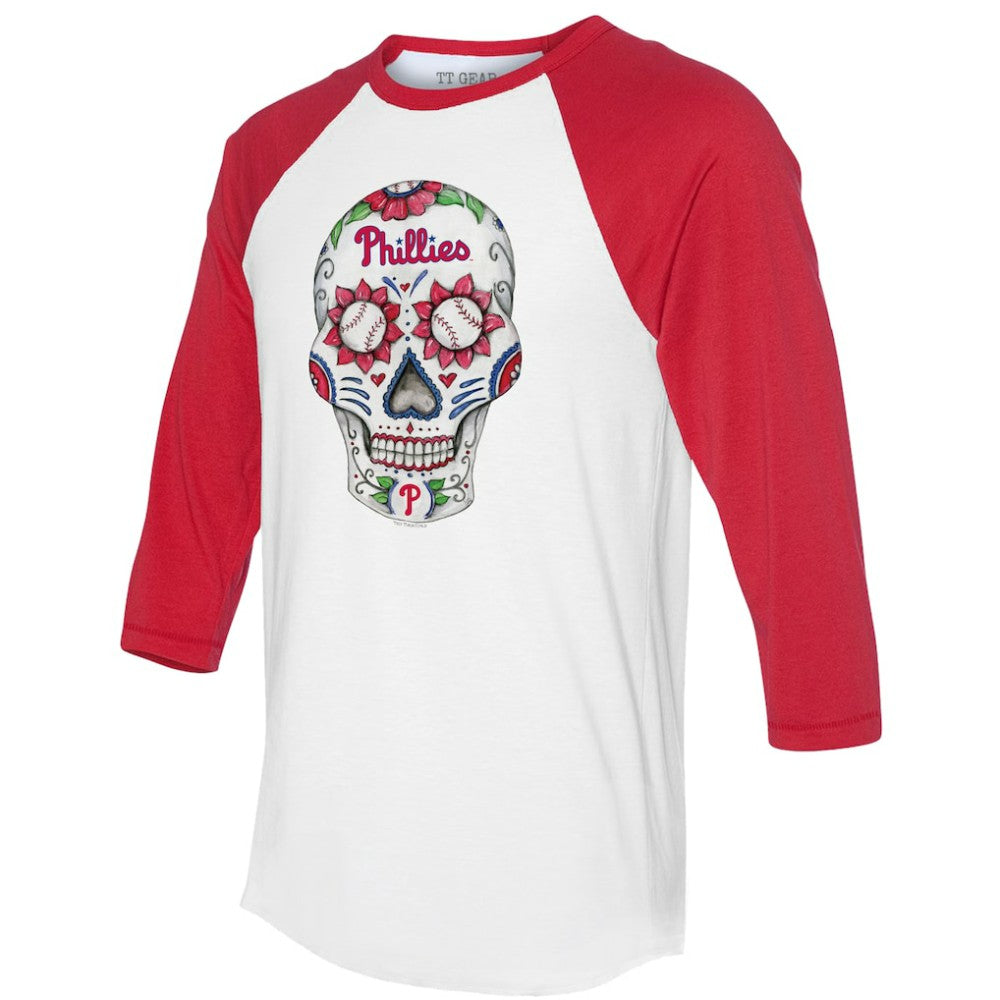Philadelphia Phillies Tiny Turnip Unisex Sugar Skull 3/4-Sleeve Raglan T-Shirt White/Red