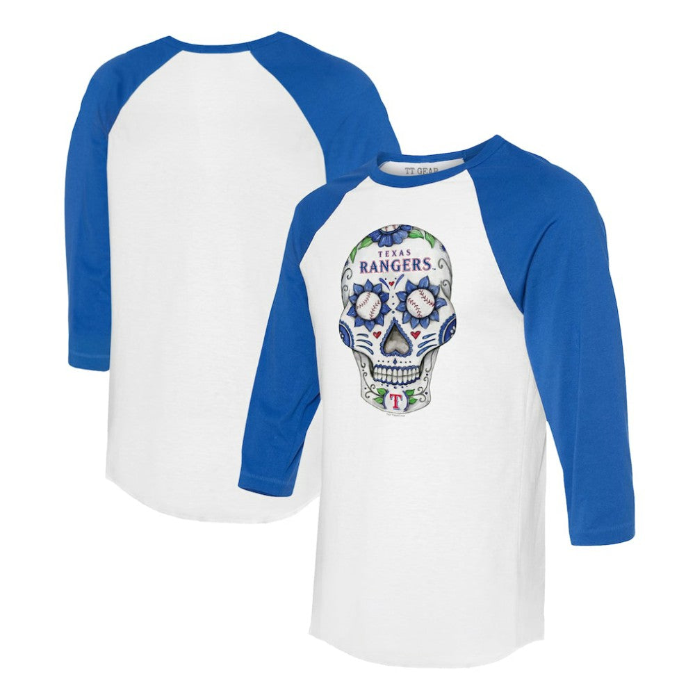 Texas Rangers Tiny Turnip Unisex Sugar Skull 3/4-Sleeve Raglan T-Shirt White/Royal