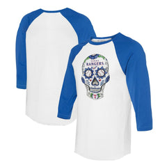 Texas Rangers Tiny Turnip Unisex Sugar Skull 3/4-Sleeve Raglan T-Shirt White/Royal