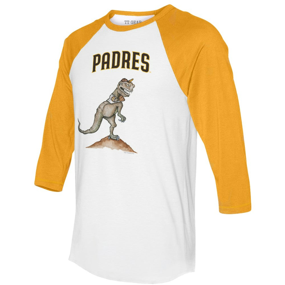 San Diego Padres Tiny Turnip Unisex TT Rex 3/4-Sleeve Raglan T-Shirt White/Gold