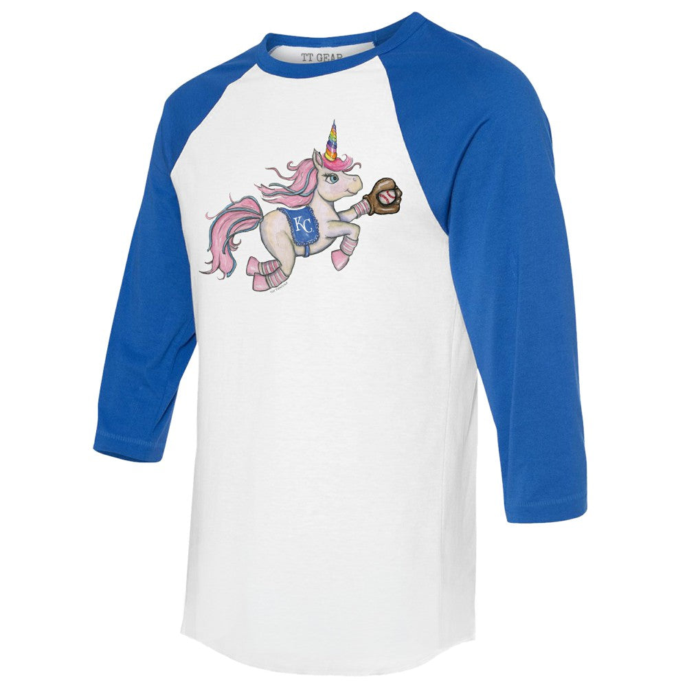 Kansas City Royals Tiny Turnip Unisex Unicorn 3/4-Sleeve Raglan T-Shirt White/Royal