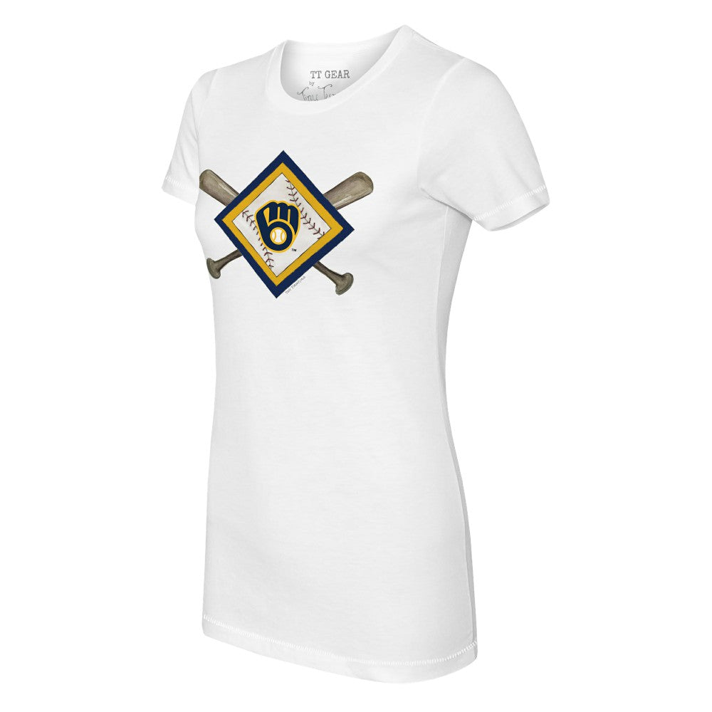 Milwaukee Brewers Tiny Turnip Women's Diamond Cross Bats T-Shirt White