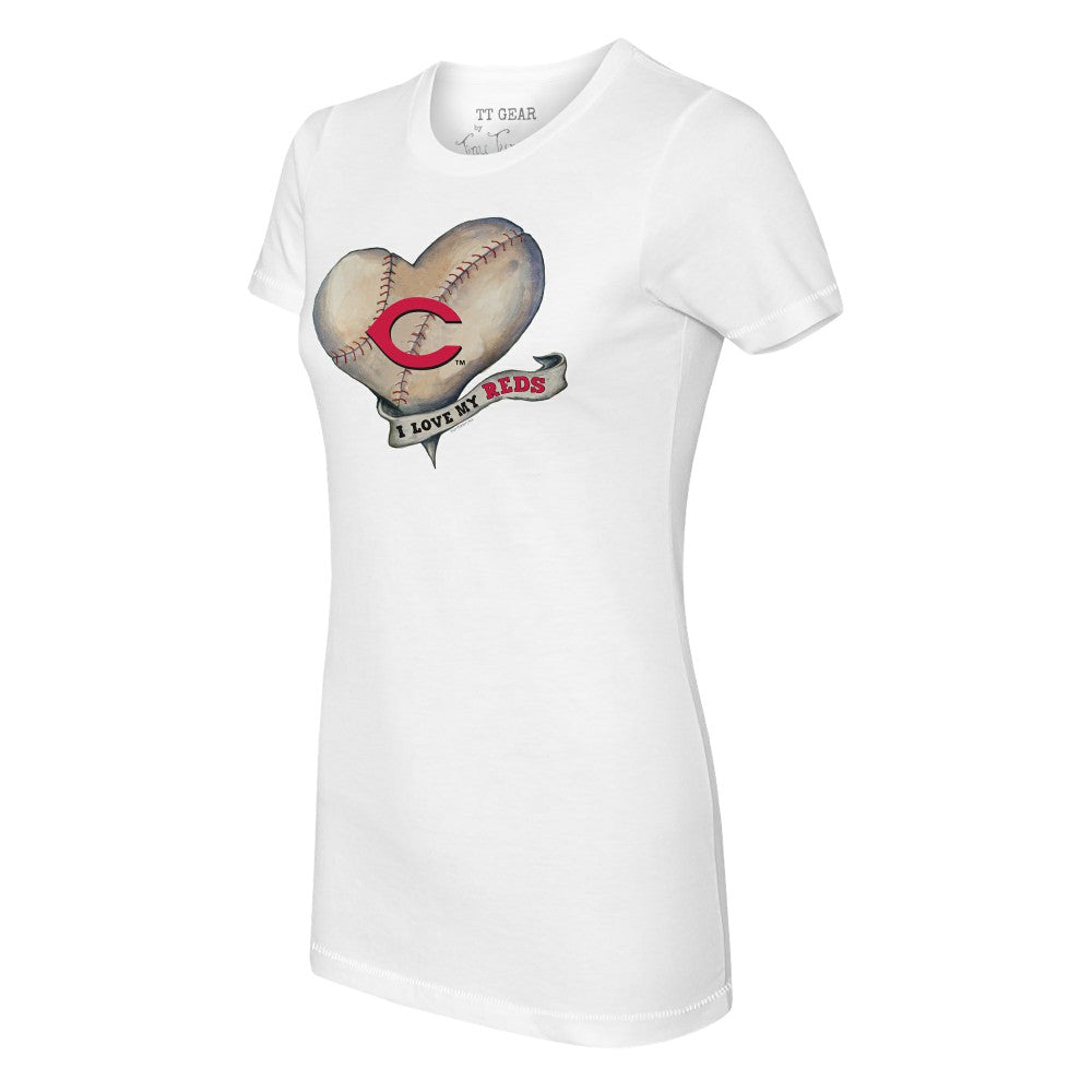 Cincinnati Reds Tiny Turnip Women's Heart Banner T-Shirt White