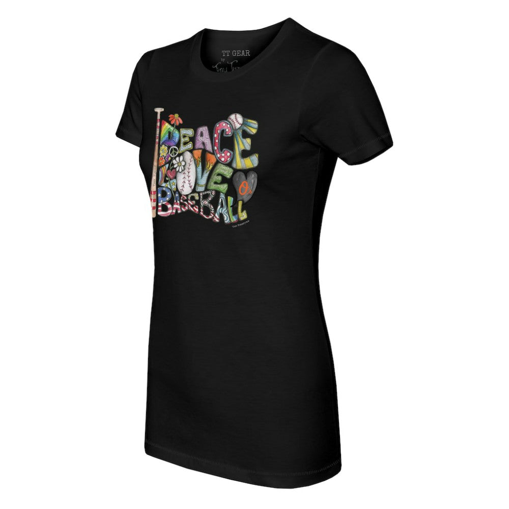 Baltimore Orioles Tiny Turnip Women's Peace Love Baseball Fitted T-Shirt Black