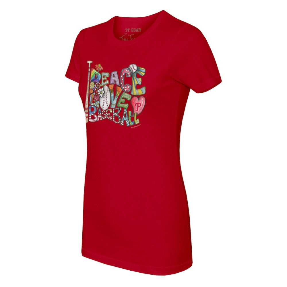 Philadelphia Phillies Tiny Turnip Women's Peace Love Baseball Fitted T-Shirt Red