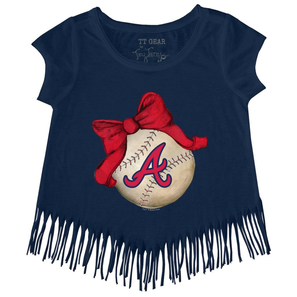 Atlanta Braves Tiny Turnip Girls Youth Baseball Bow Fringe T-Shirt Navy