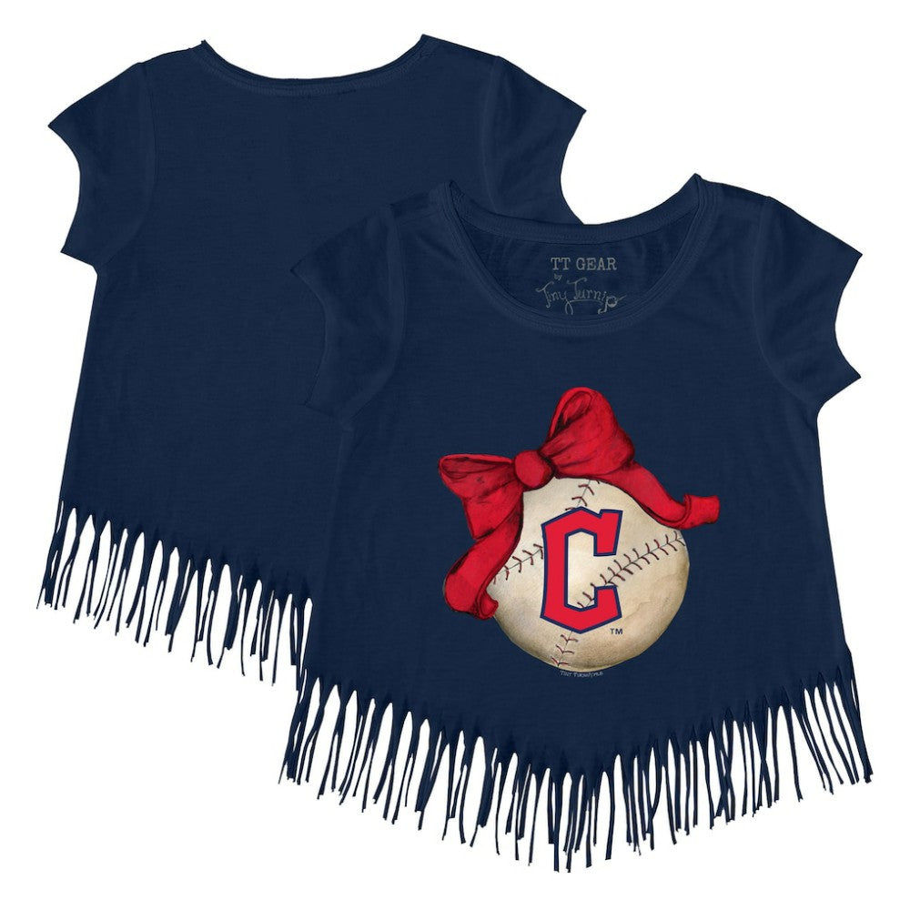 Cleveland Guardians Tiny Turnip Girls Youth Baseball Bow Fringe T-Shirt Navy