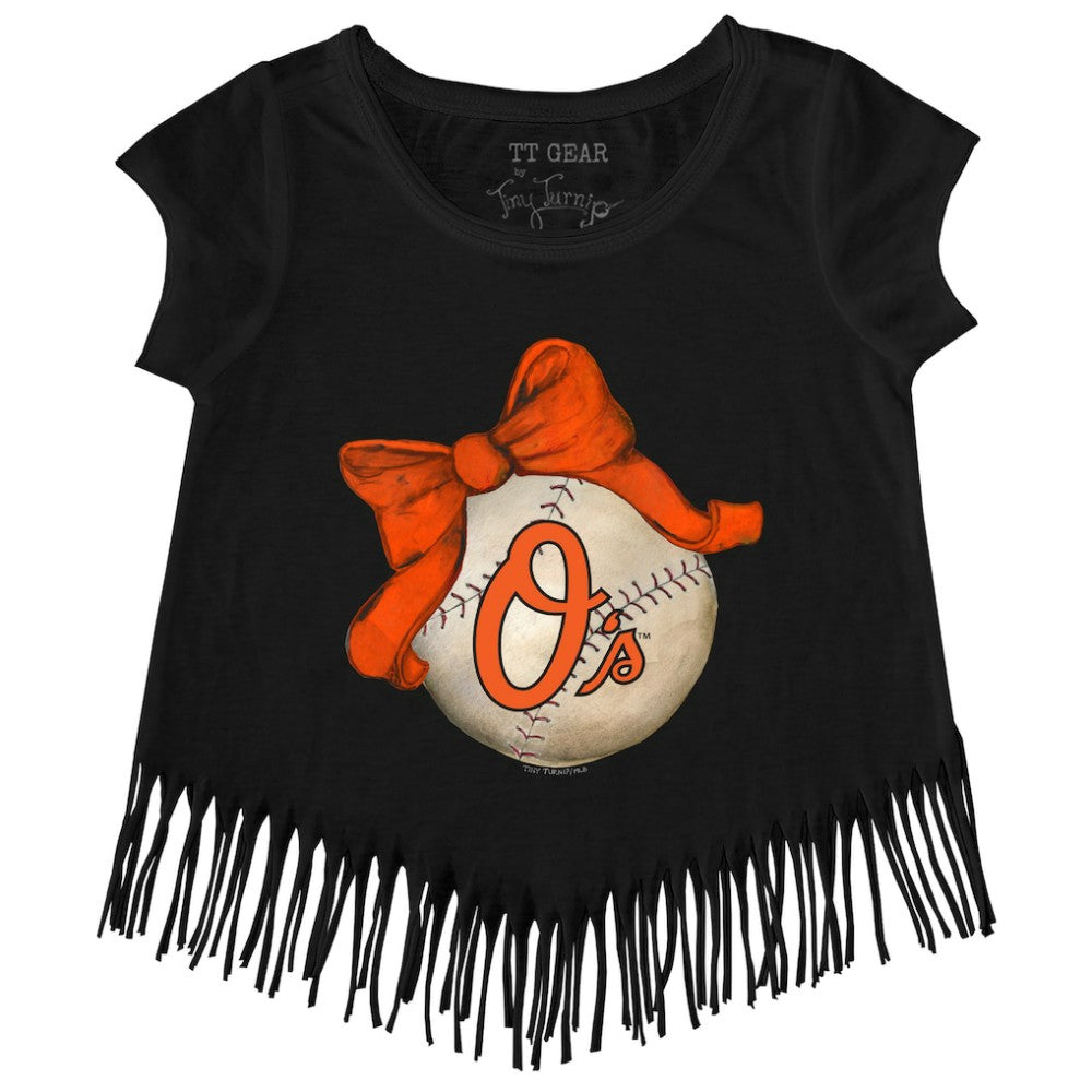 Baltimore Orioles Tiny Turnip Girls Youth Baseball Bow Fringe T-Shirt Black