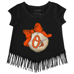 Baltimore Orioles Tiny Turnip Girls Youth Baseball Bow Fringe T-Shirt Black