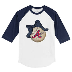 Atlanta Braves Tiny Turnip Youth Baseball Bow 3/4-Sleeve Raglan T-Shirt White/Navy