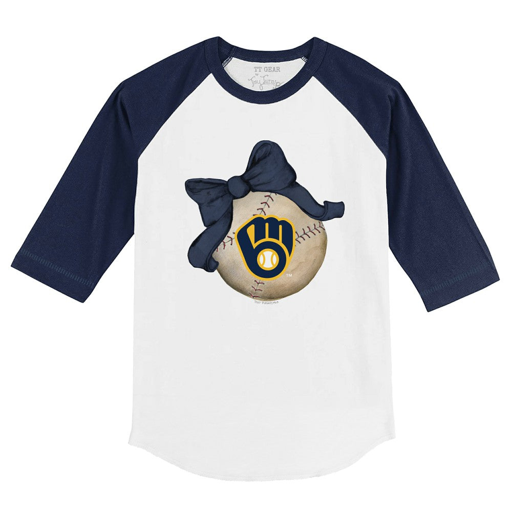 Milwaukee Brewers Tiny Turnip Youth Baseball Bow 3/4-Sleeve Raglan T-Shirt White/Navy