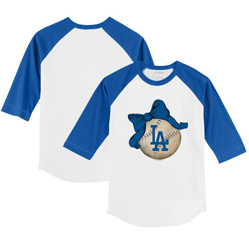 Los Angeles Dodgers Tiny Turnip Youth Baseball Bow 3/4-Sleeve Raglan T-Shirt White/Royal