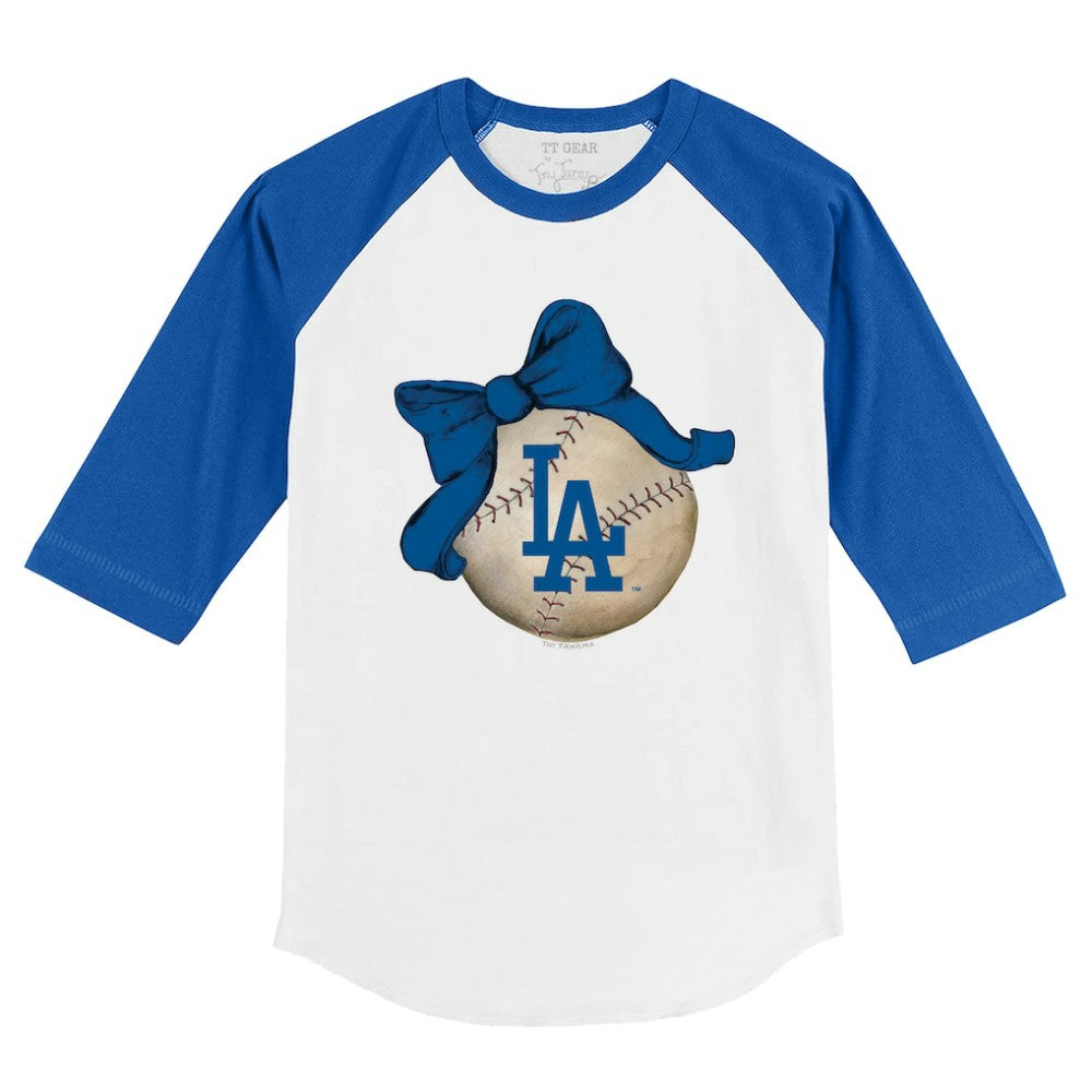 Los Angeles Dodgers Tiny Turnip Youth Baseball Bow 3/4-Sleeve Raglan T-Shirt White/Royal